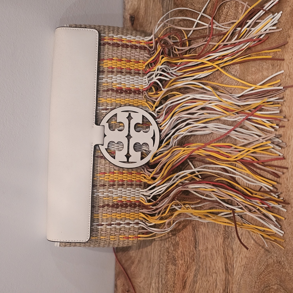 White and Yellow Fringe Clutch with Woven Texture